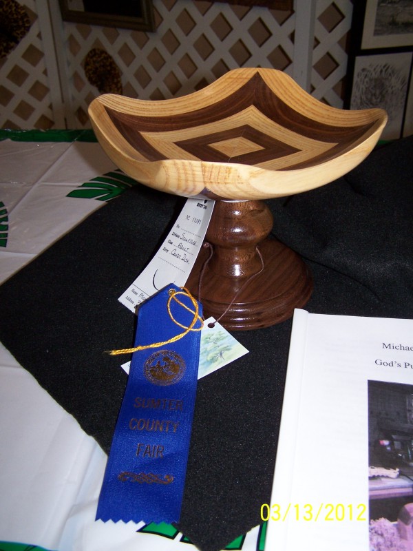 walnut and ash striped turned square candy dish on a walnut turned pedestal